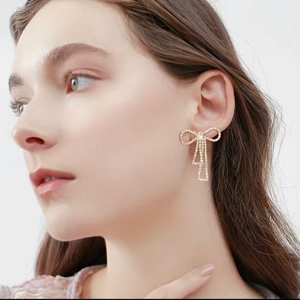 Rhinestone Bow Drop Earrings